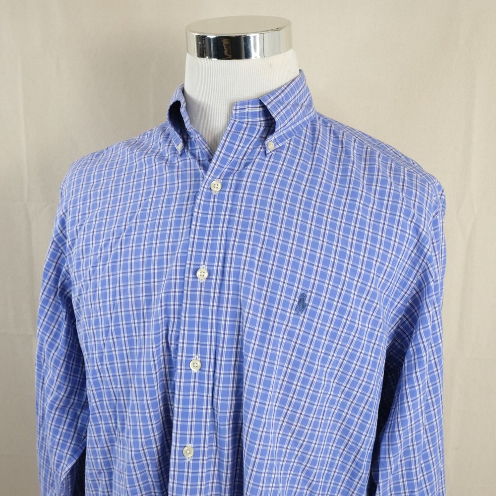 Polo Ralph Lauren 16 34/35 Yarmouth Dress Shirt Blue White Plaid Cotton Mens